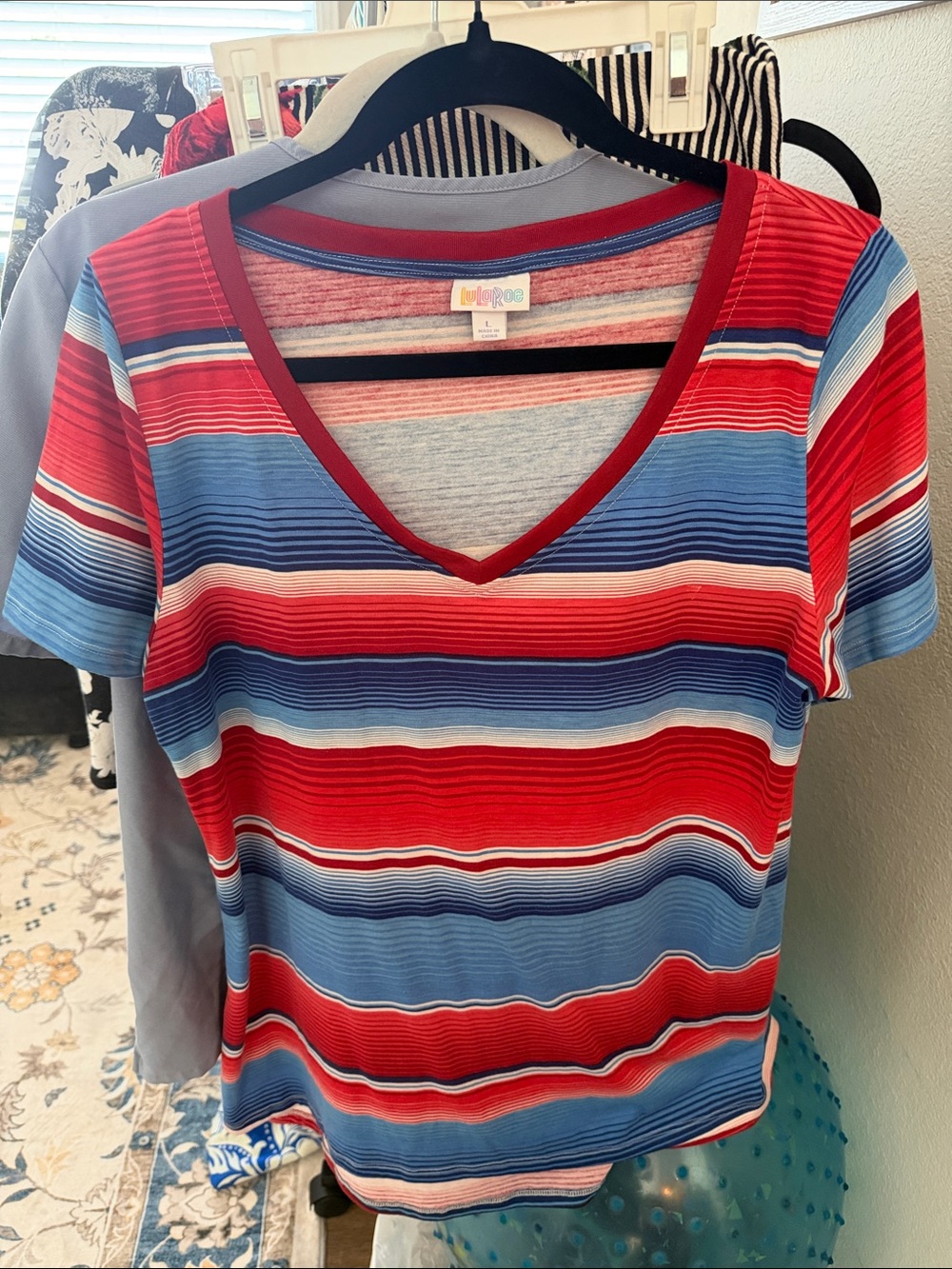LuLaRoe Red & Blue Striped V-Neck Short Sleeve Tee